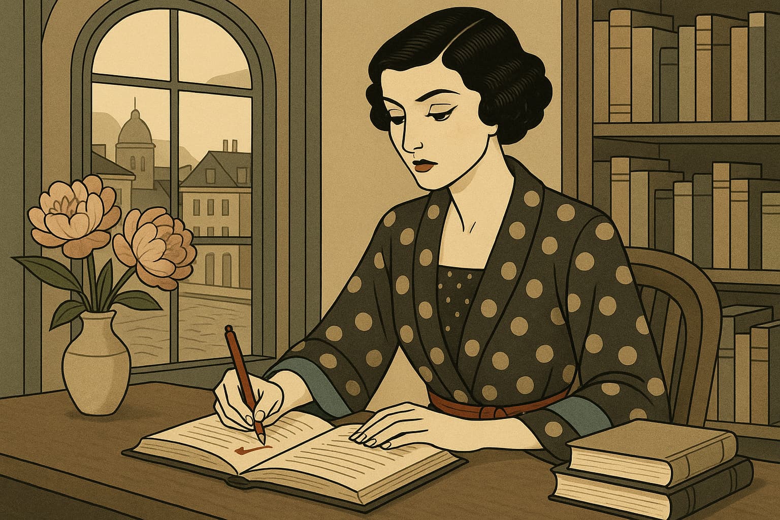 Vintage writing scene with woman at desk